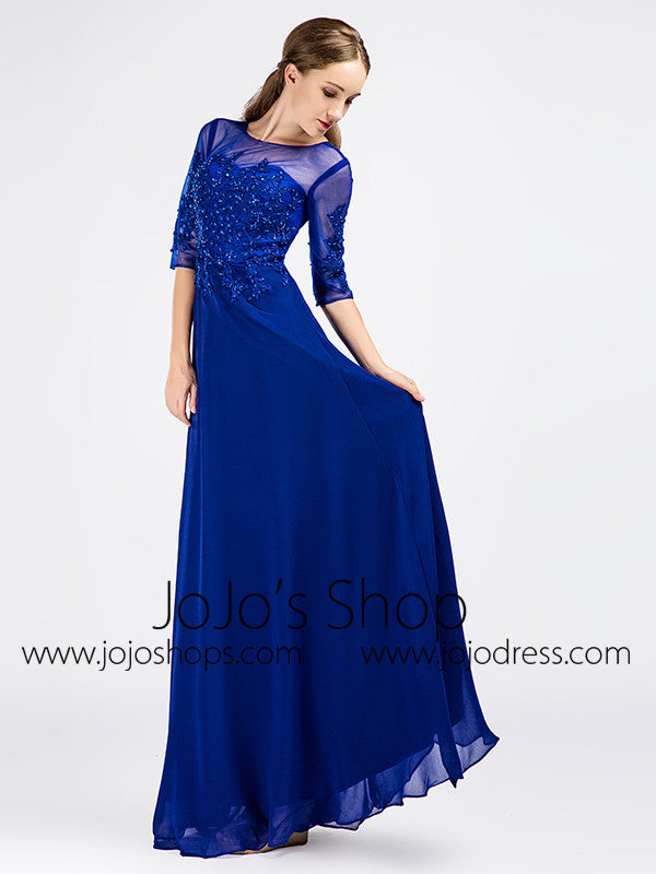 Royal Blue Modest Lace Formal Prom Evening Dress with Sleeves