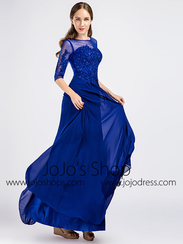 Royal Blue Modest Lace Formal Prom Evening Dress with Sleeves