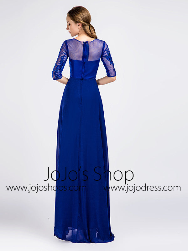 Royal Blue Modest Lace Formal Prom Evening Dress with Sleeves