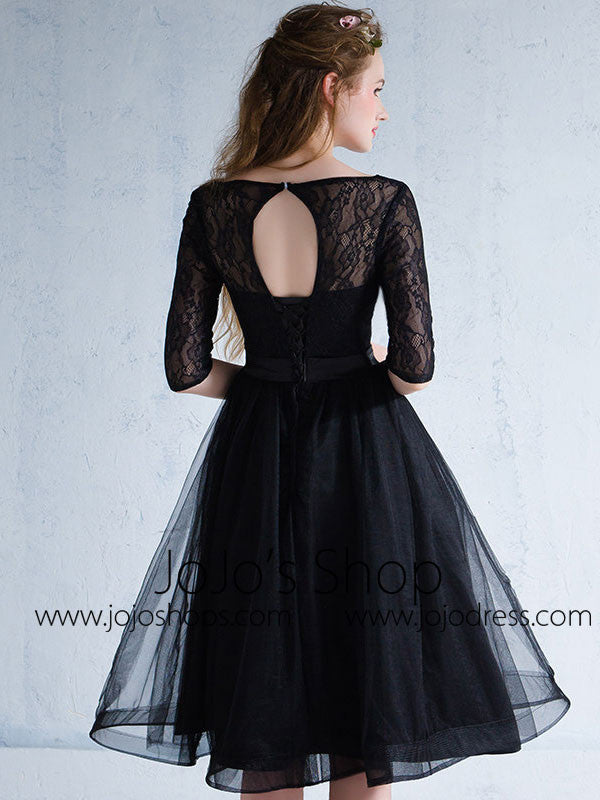 Black Lace Modest Knee Length Formal Prom Evening Dress XLD1012