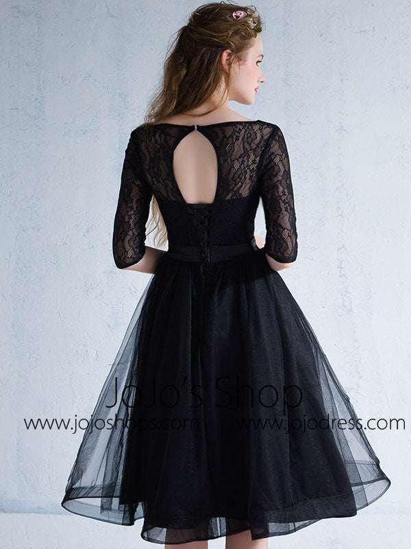 Black Lace Modest Knee Length Formal Prom Evening Dress