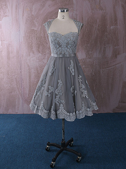 Gray Knee Length Short Lace Dress with Keyhole Back | QT815013