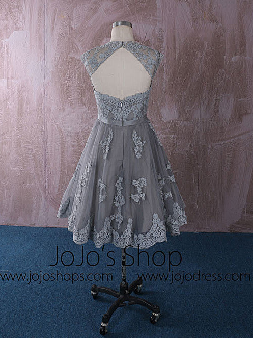 Gray Knee Length Short Lace Dress with Keyhole Back | QT815013