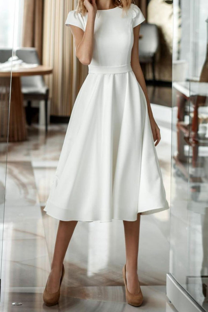 Elegant Minimalist Knee Length Wedding Dress with Open Back Size 12 / Ivory Elegant Minimalist Knee Length Wedding Dress with Open Back Size 12 / Ivory