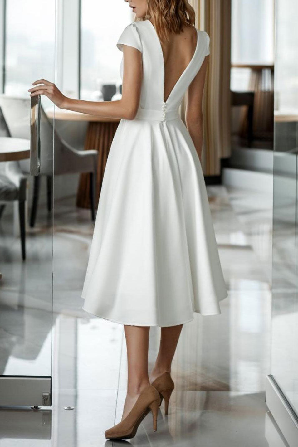 Elegant Minimalist Knee Length Wedding Dress with Open Back Size 12 / Ivory Elegant Minimalist Knee Length Wedding Dress with Open Back Size 12 / Ivory