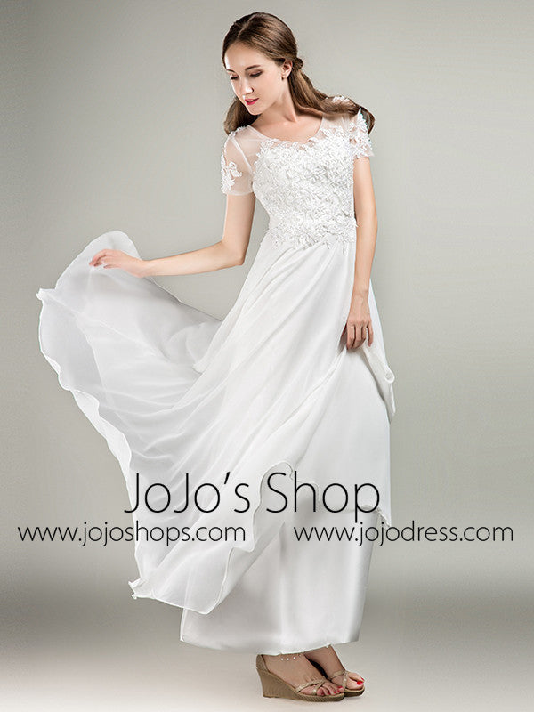 Simple Short Sleeves Lace Chiffon Dress