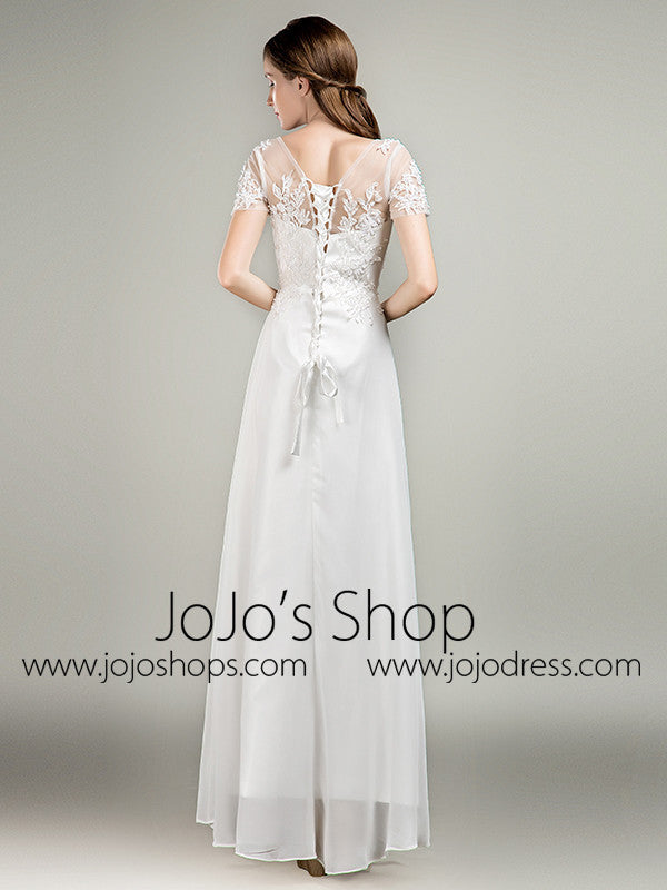 Simple Short Sleeves Lace Chiffon Dress Size 16 / Ivory Simple Short Sleeves Lace Chiffon Dress Size 16 / Ivory