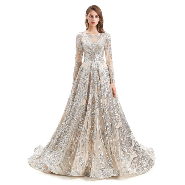 Silver Sparkly Lace Ball Gown Formal Dress EN4802