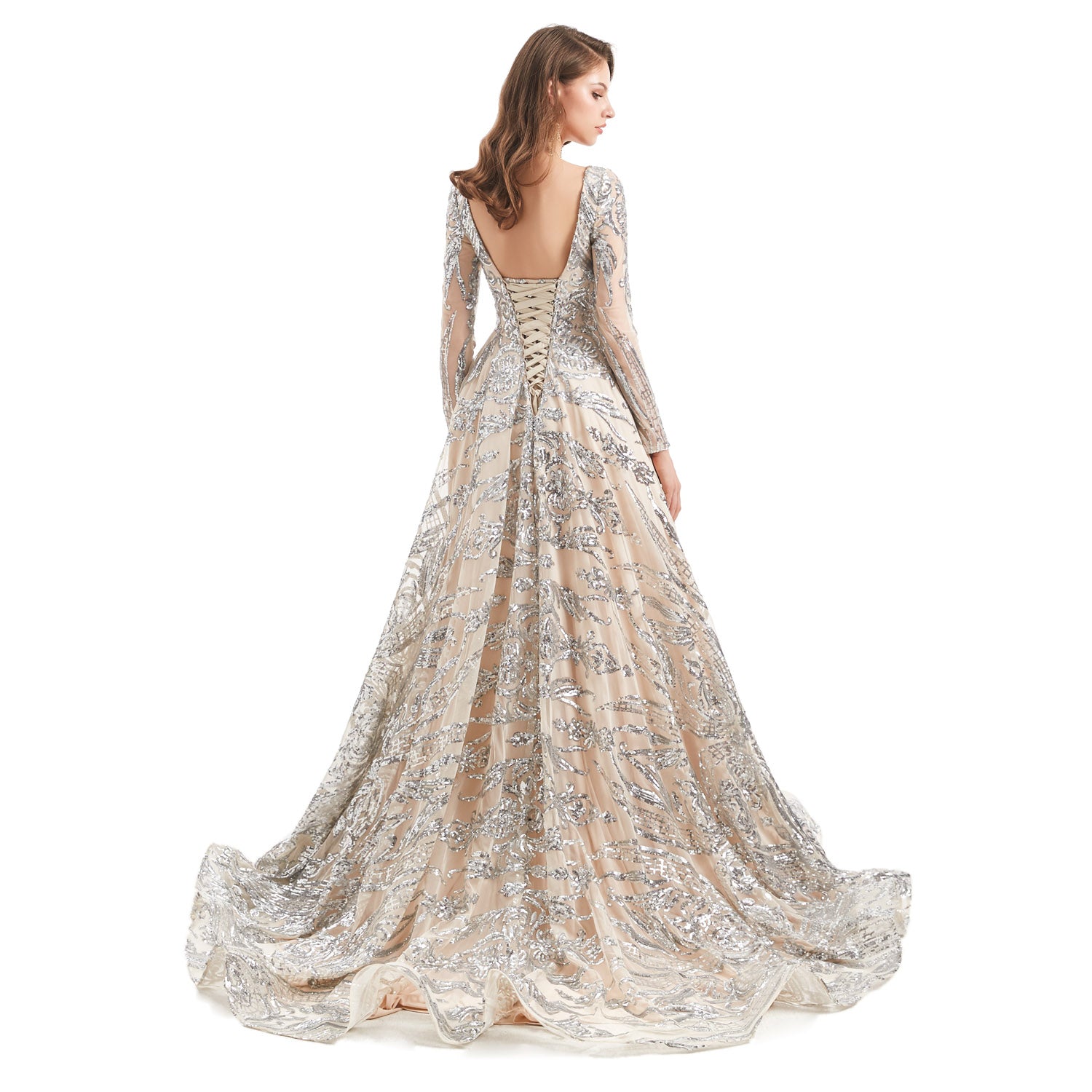 Silver Sparkly Lace Ball Gown Formal Dress EN4802