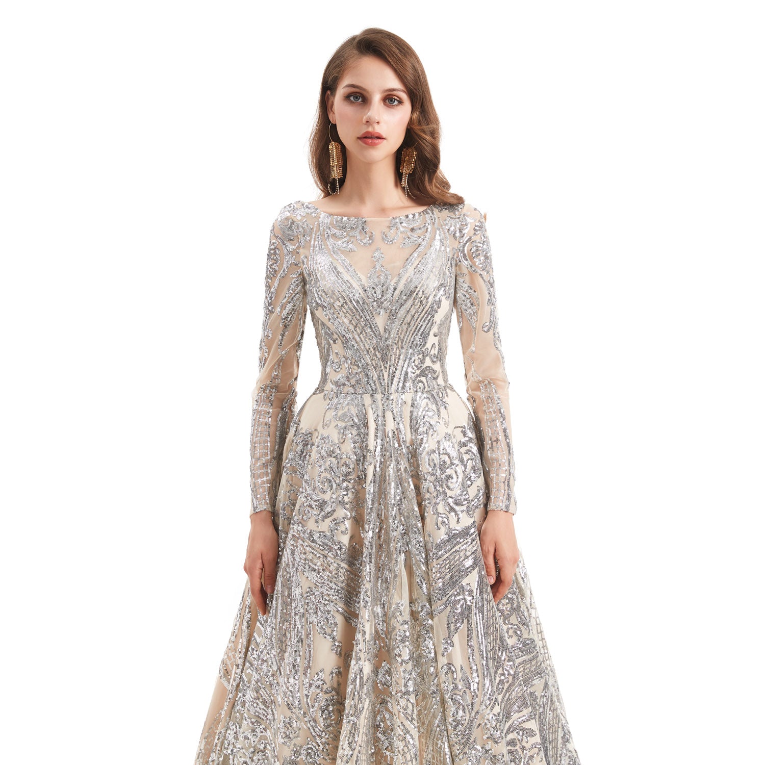 Silver Sparkly Lace Ball Gown Formal Dress EN4802