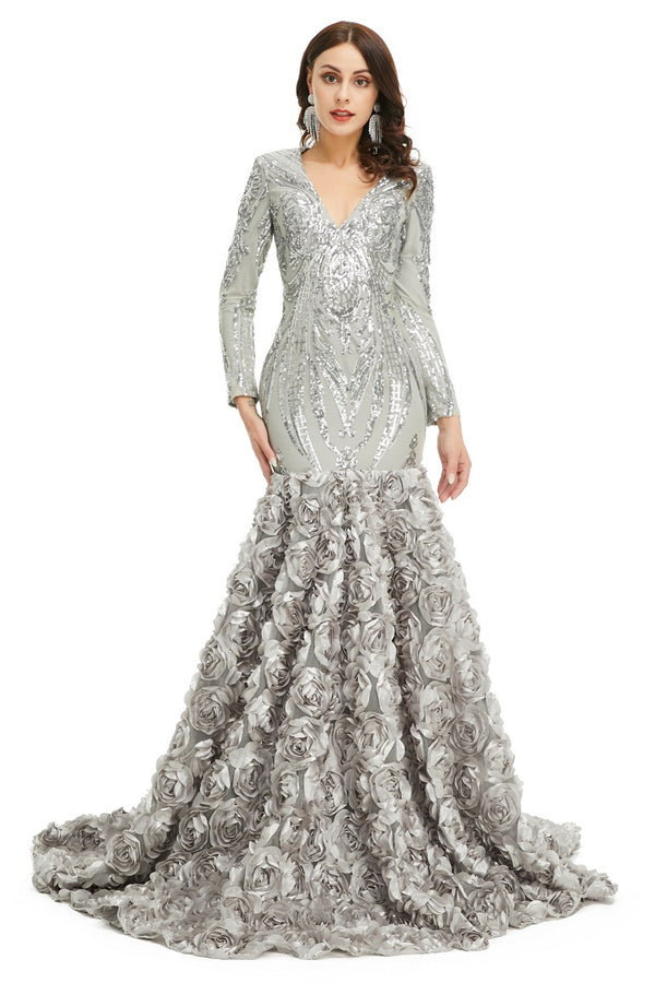 Silver Gray Sparkly Fitted Long Evening Dress with Rosette Skirt EN5006
