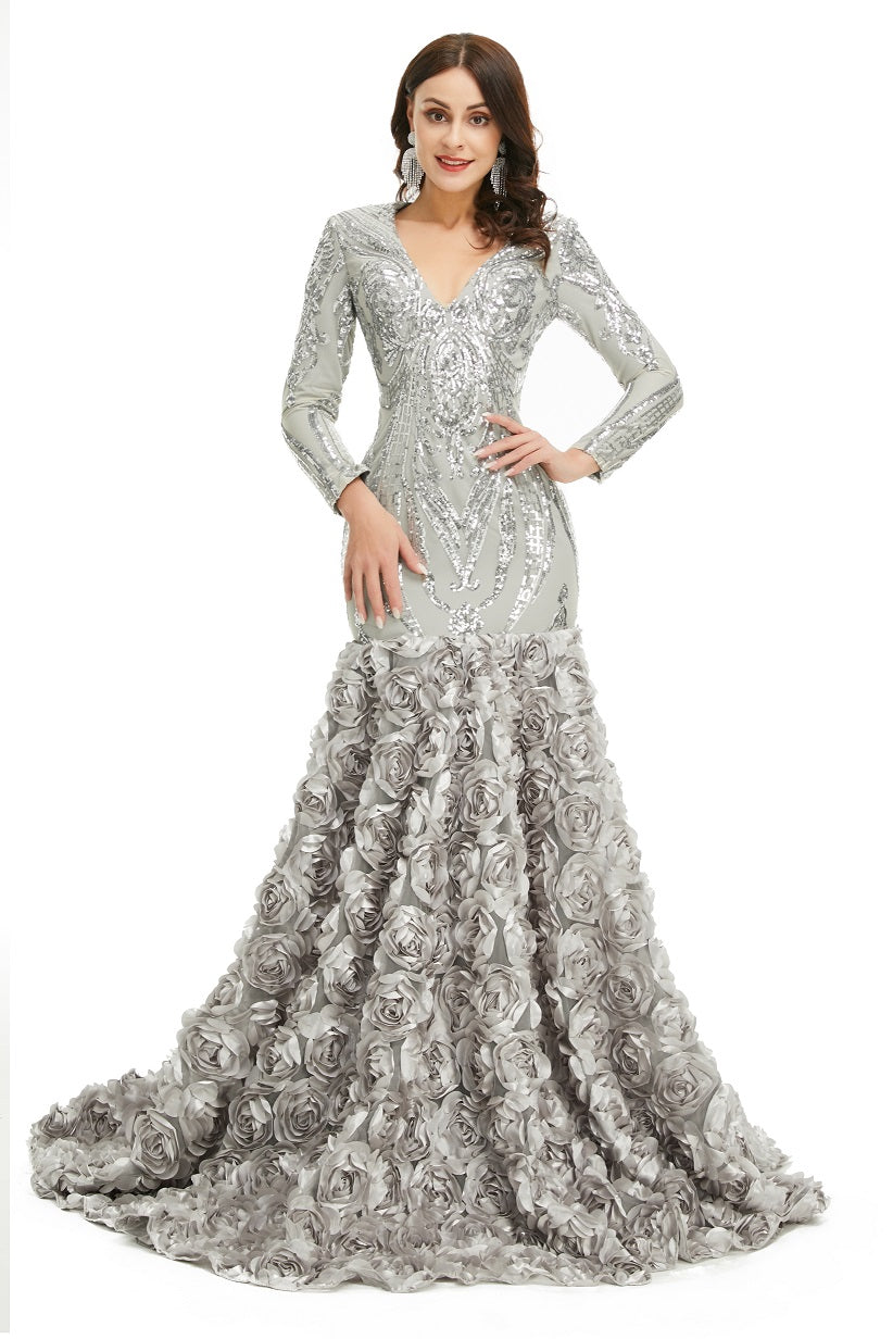 Silver Gray Sparkly Fitted Long Evening Dress with Rosette Skirt EN5006