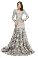 Silver Gray Sparkly Fitted Long Evening Dress with Rosette Skirt EN5006