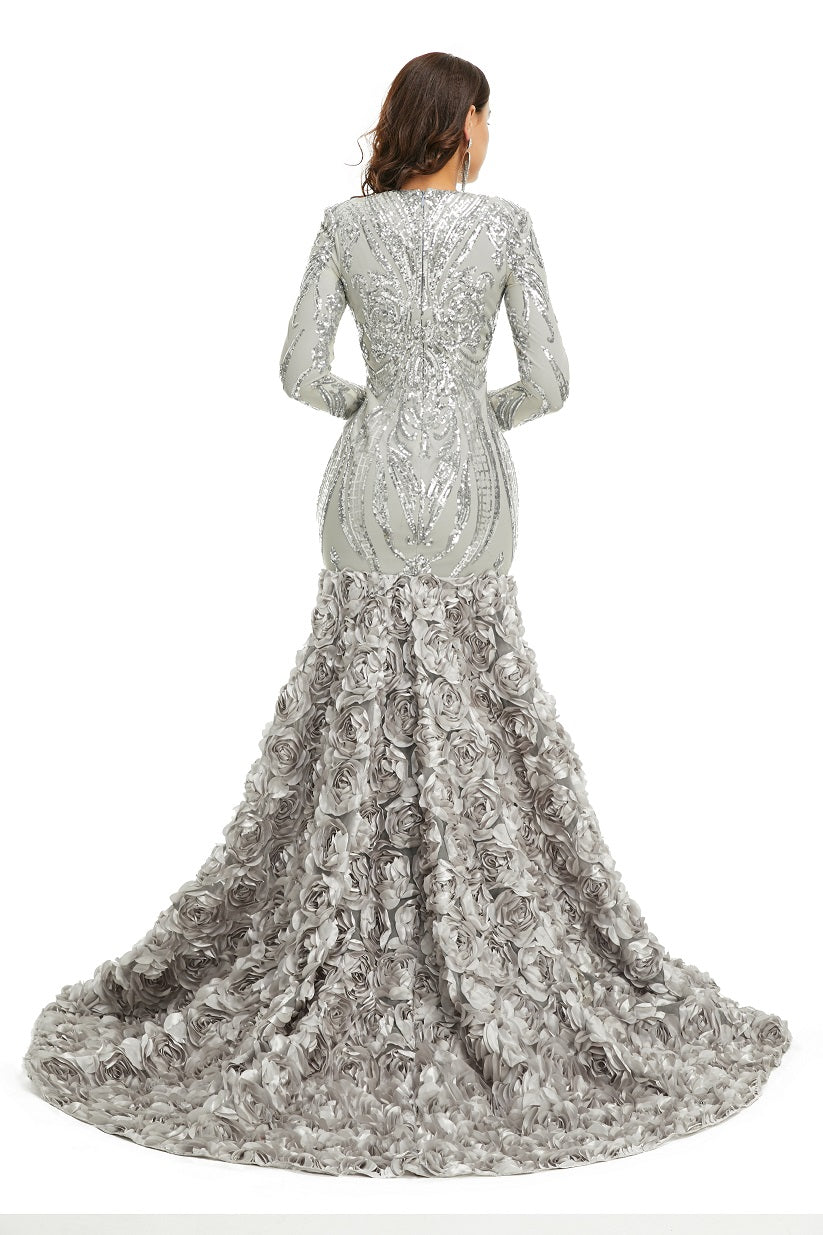 Silver Gray Sparkly Fitted Long Evening Dress with Rosette Skirt EN5006