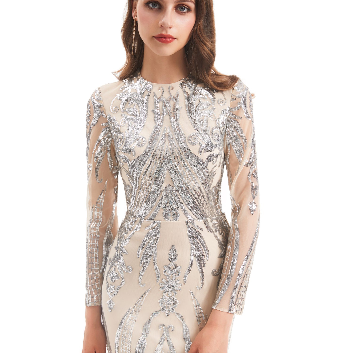 Modest Silver Sequins Formal Gala Prom Evening Dress EN4813