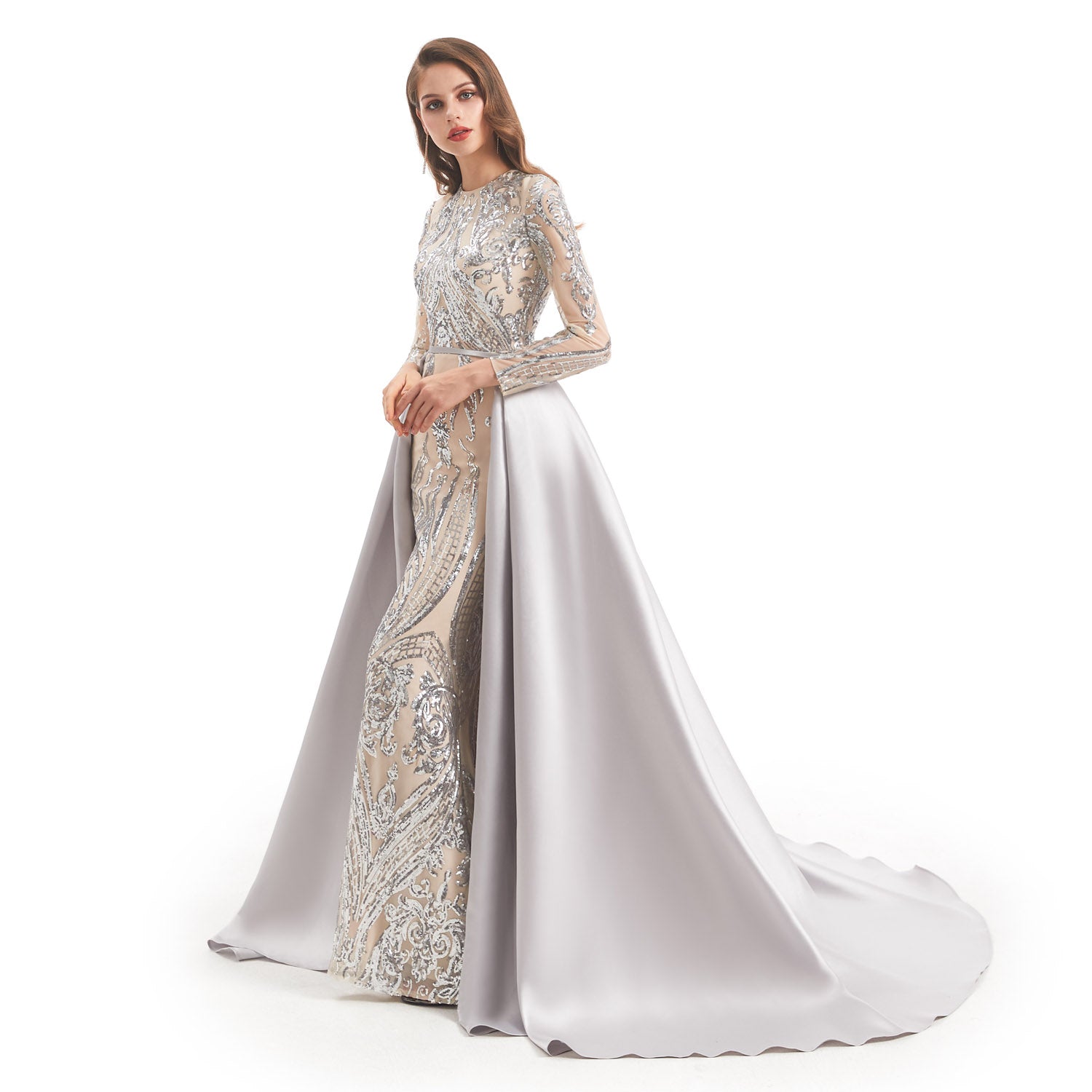 Modest Silver Sequins Formal Gala Prom Evening Dress EN4813