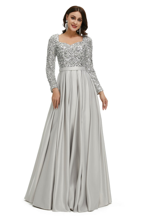 Silver Sparkly Modest Maxi Formal Evening Dress with Sleeves EN5005