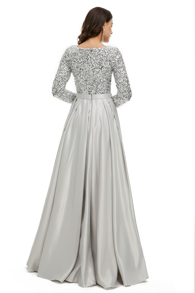 Silver Sparkly Modest Maxi Formal Evening Dress with Sleeves EN5005