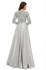 Silver Sparkly Modest Maxi Formal Evening Dress with Sleeves EN5005