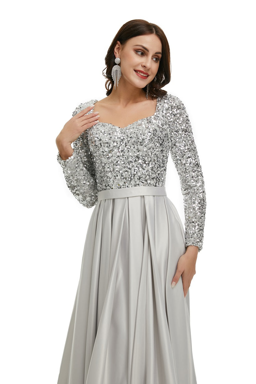 Silver Sparkly Modest Maxi Formal Evening Dress with Sleeves EN5005