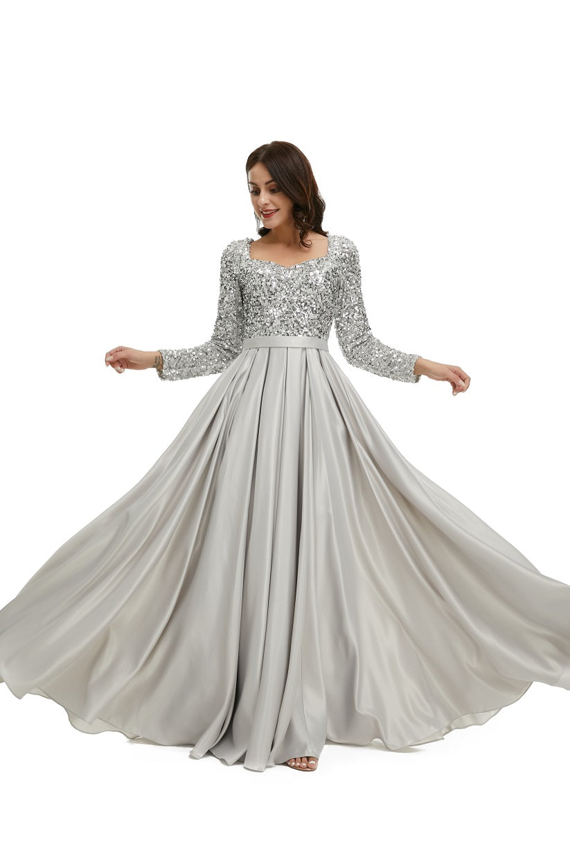 Silver Sparkly Modest Maxi Formal Evening Dress with Sleeves EN5005