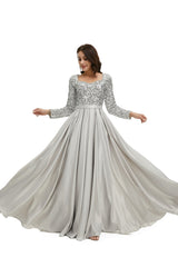 Silver Sparkly Modest Maxi Formal Evening Dress with Sleeves EN5005