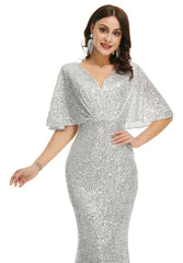 Silver Sparkly Maxi Long Evening Dress with Butterfly Sleeves EN5002