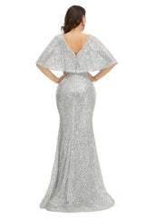 Silver Sparkly Maxi Long Evening Dress with Butterfly Sleeves EN5002