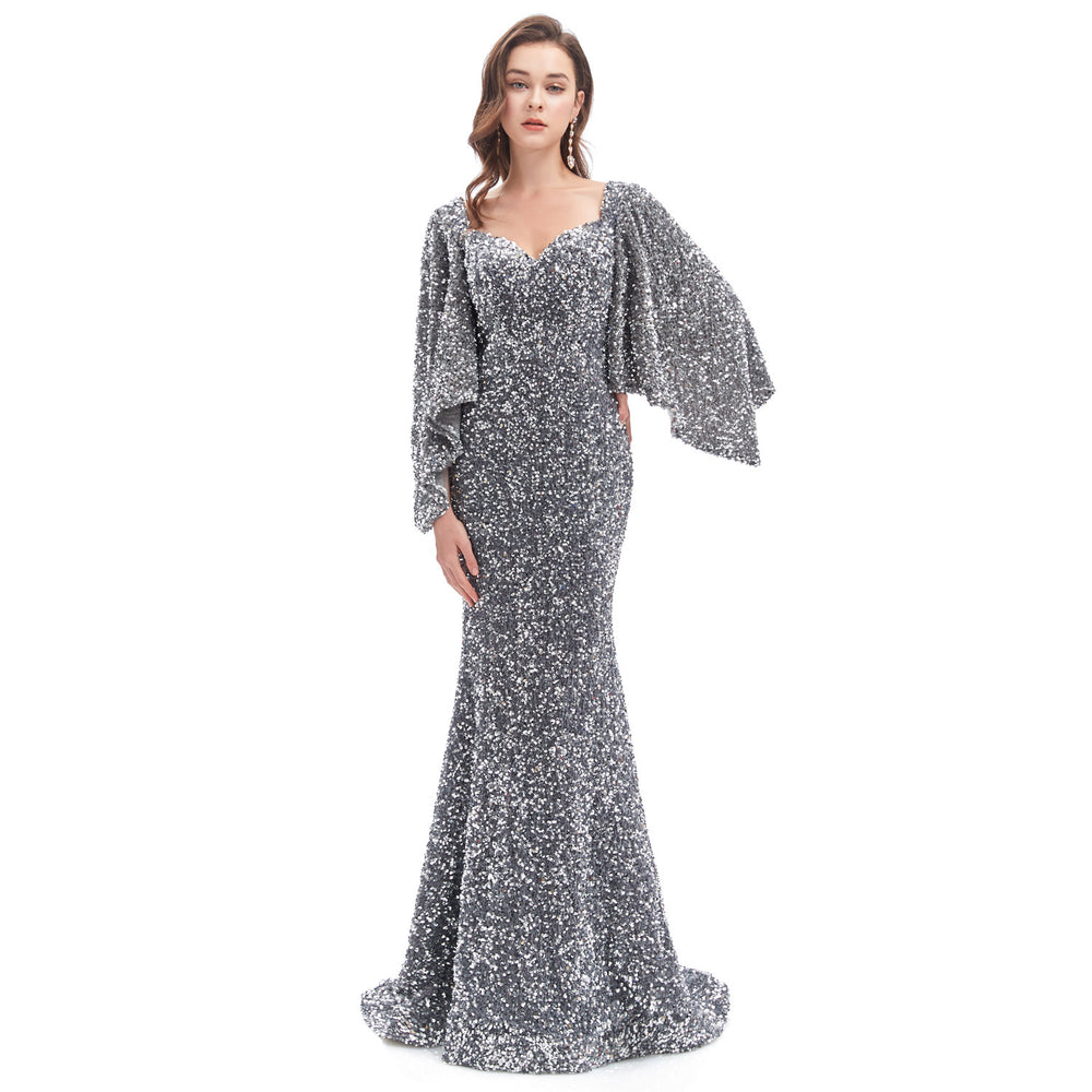 Silver Grey Sparkly Maxi Formal Evening Gown EN4608