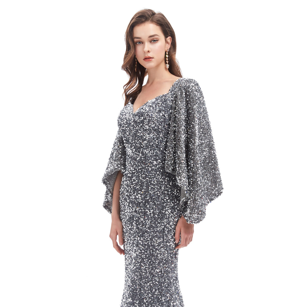 Silver Grey Sparkly Maxi Formal Evening Gown EN4608