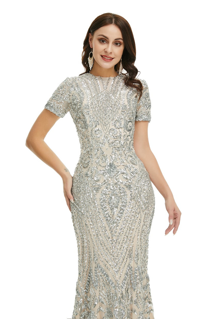 Silver Modest Maxi Fitted Gala Formal Evening Dress EN5010