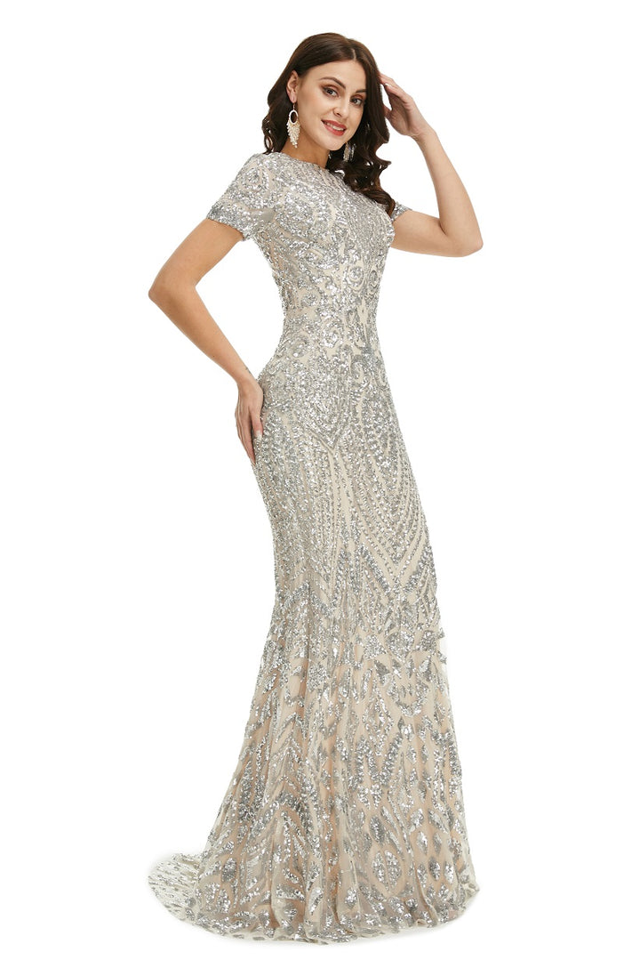 Silver Modest Maxi Fitted Gala Formal Evening Dress EN5010