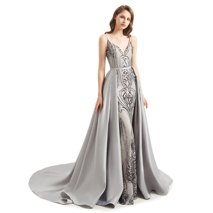 Silver Fit and Flare Formal Dress with Detachable Train EN4803Silver Fit and Flare Formal Dress with Detachable Train EN4803