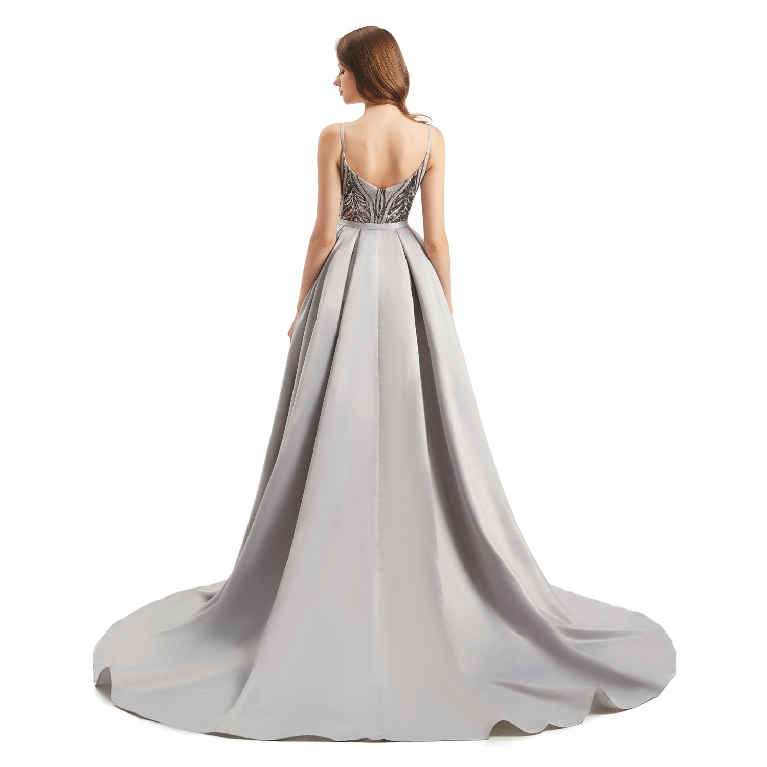 Silver Fit and Flare Formal Dress with Detachable Train EN4803