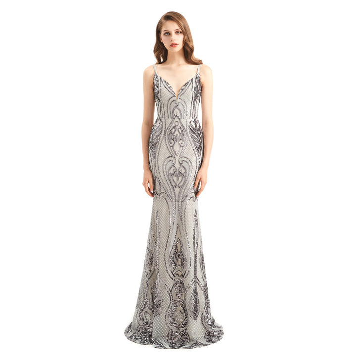 Silver Fit and Flare Formal Dress with Detachable Train EN4803