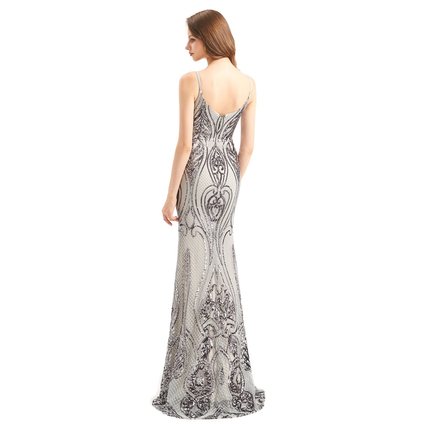 Silver Fit and Flare Formal Dress with Detachable Train EN4803