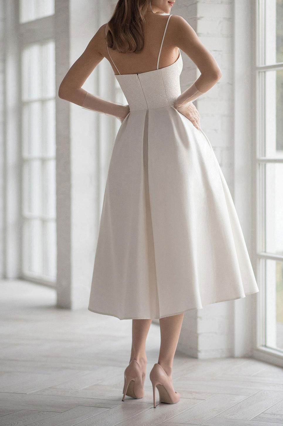 Simple Elegant Tea Length Wedding Dress with Shimmery Top Size 28W / Ivory Simple Elegant Tea Length Wedding Dress with Shimmery Top Size 28W / Ivory