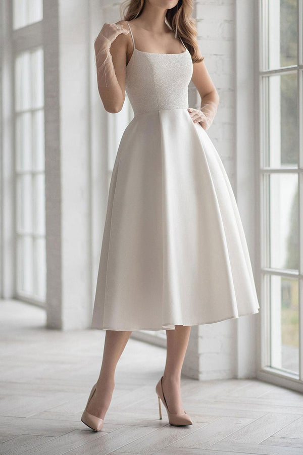 Simple Elegant Tea Length Wedding Dress with Shimmery Top
