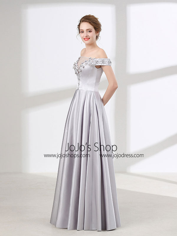 Soft Gray Off Shoulder Long Formal Prom Pageant Evening Dress