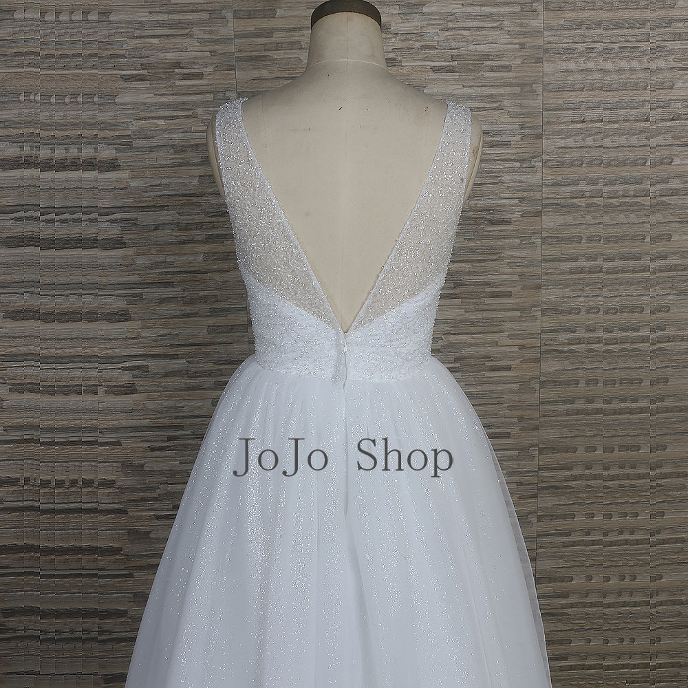 Sparkly Ball Gown Wedding Dress with V Neck QT1332