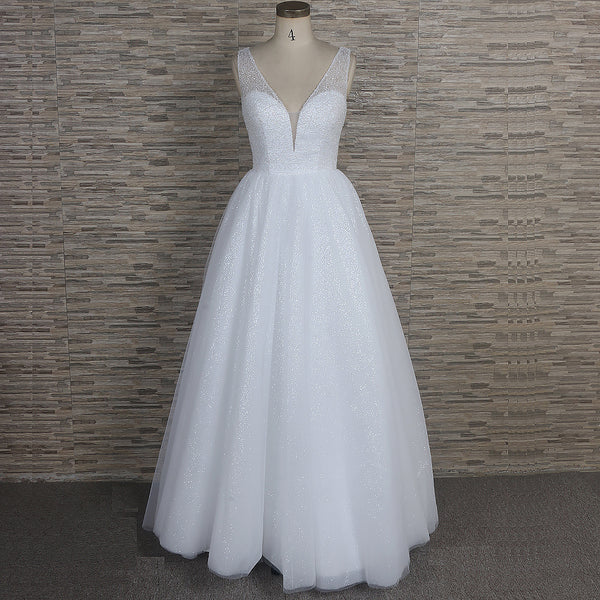 Sparkly Ball Gown Wedding Dress with V Neck QT1332