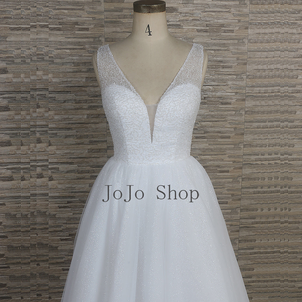 Sparkly Ball Gown Wedding Dress with V Neck QT1332