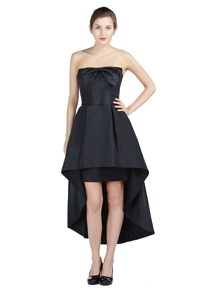 Strapless Black Hi-Low Formal Prom Dress with Bow