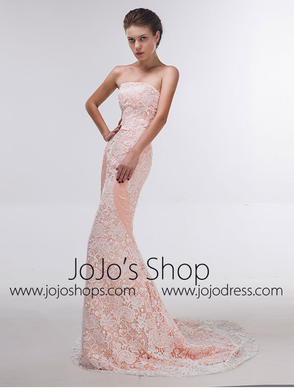 Sexy Strapless Peach Lace Mermaid Prom Formal Dress