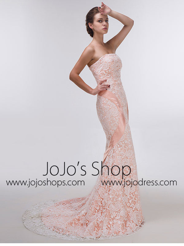Sexy Strapless Peach Lace Mermaid Prom Formal Dress Size 16 / Peach Sexy Strapless Peach Lace Mermaid Prom Formal Dress Size 16 / Peach