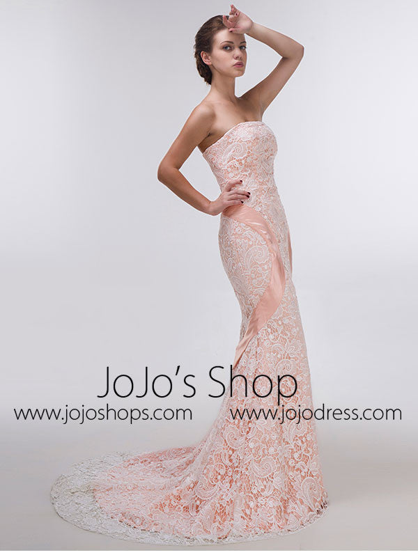 Sexy Strapless Peach Lace Mermaid Prom Formal Dress