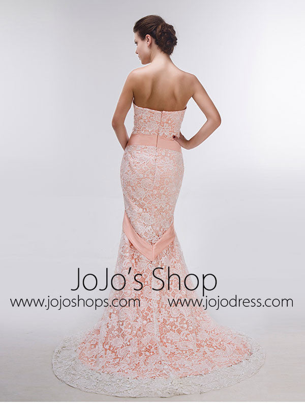 Sexy Strapless Peach Lace Mermaid Prom Formal Dress