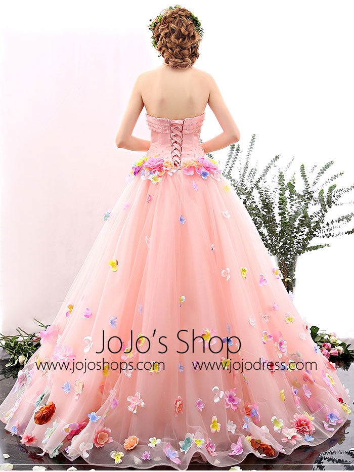 Blush Pink Strapless Ball Gown Formal Prom Dress with Colored Flowers | X1601