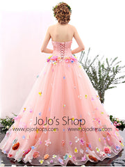 Blush Pink Strapless Ball Gown Formal Prom Dress with Colored Flowers | X1601