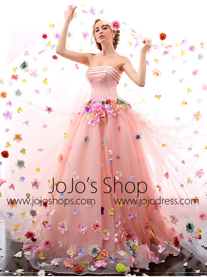 Blush Pink Strapless Ball Gown Formal Prom Dress with Colored Flowers | X1601
